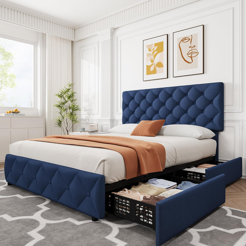 Lit avec 4 tiroirs de rangement et tête de lit, Grand, Beige