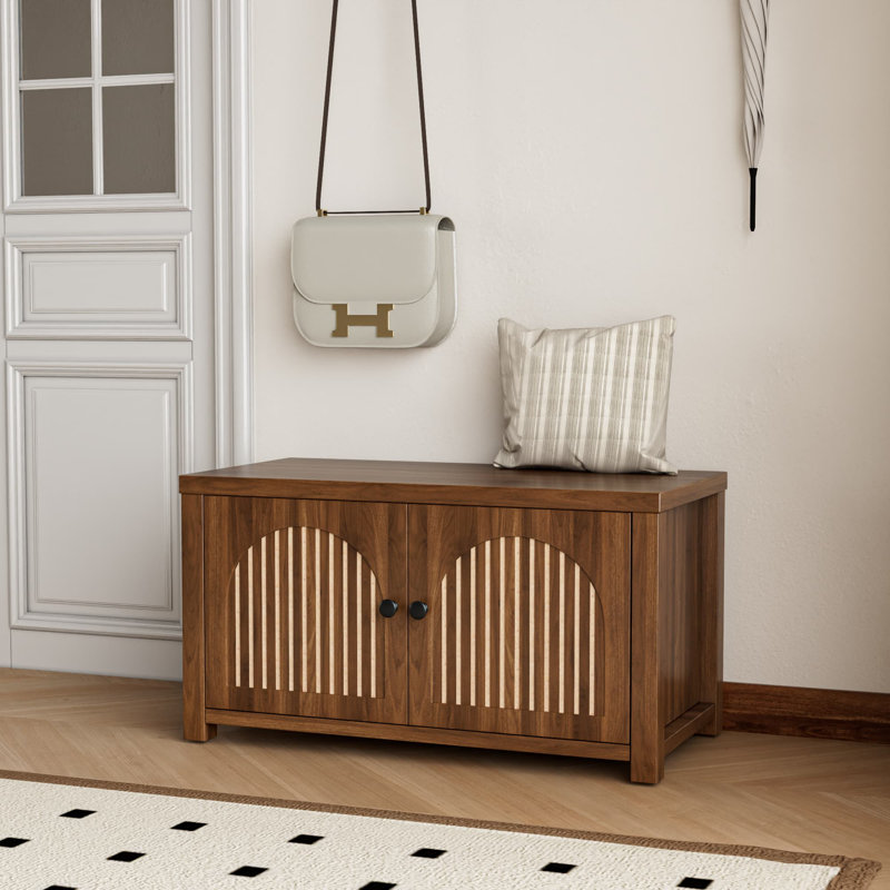 Fluted Storage Bench With 2 Doors, 2 Tier Shoe Cabinet Bench With Adjustable Shelf