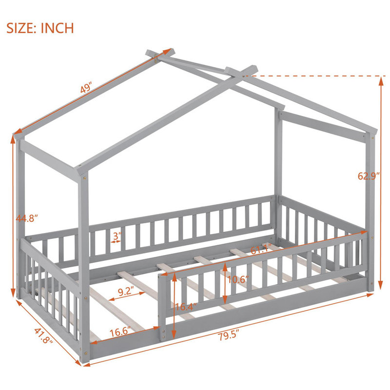 Structure de lit classique en bois pour lit simple avec clôture, Twiin, Gris
