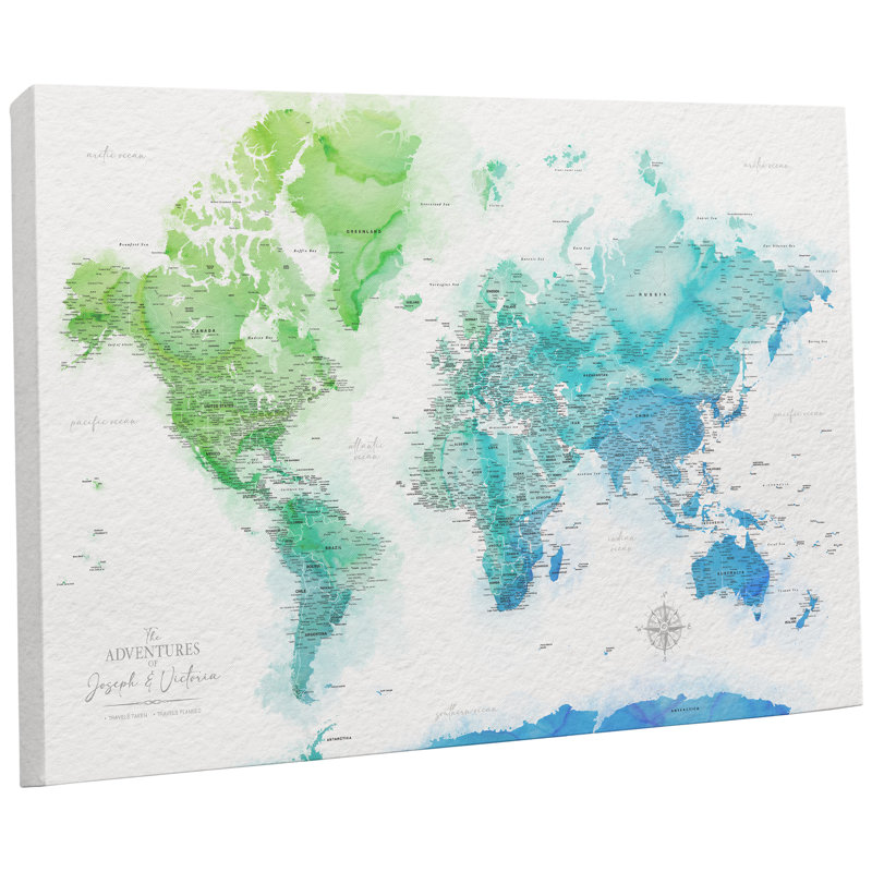Carte du monde personnalisée avec punaise et aquarelle, Oui, H 24 po x l 40 po