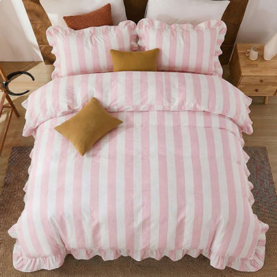 Luxury 100% Cotton Duvet Cover Set Queen Size – Pink Wide Stripe with Ruffled Edges, Soft Breathable Bedding Set 3 Pieces, Zipper Closure & 8 Corner Ties