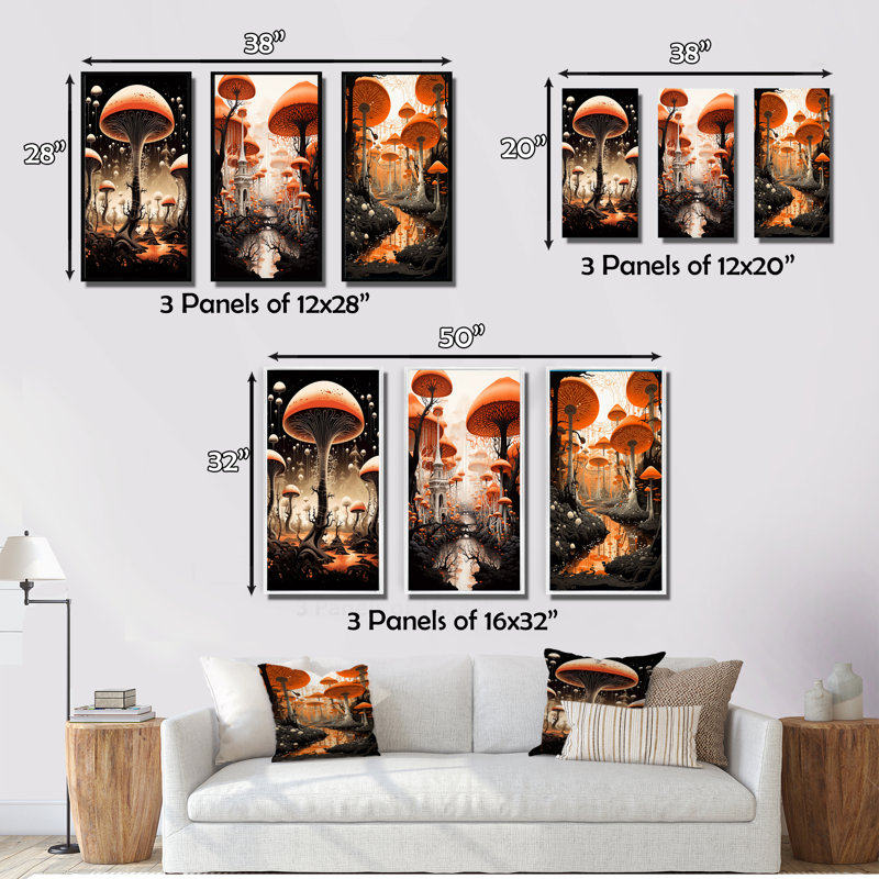 «Magical Red Mushroom Retro Illustration», 3 pièces sur toile, Cadre flottant noir, H 20 po x l 36 po