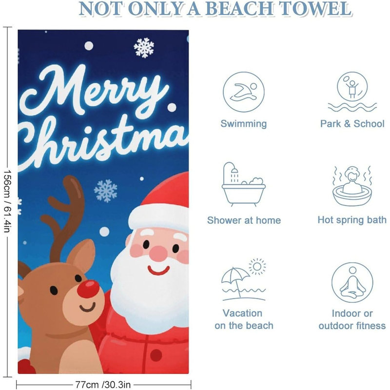 Serviette de plage en microfibre à séchage rapide Merry Christmas, 30 x 60 po