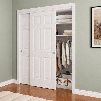 Portes de placard coulissantes 60 po x 80 po, porte de placard surélevée à 6 panneaux moulés avec surface apprêtée blanche lisse et trousse de quincaillerie d'installation et poignée en nickel satiné