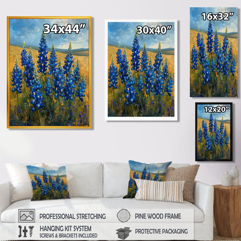 Bleu vert Rolling Meadows Blue Bonnets - Blue Bonnets Wall Art Living Room, Cadre simple noir, H 34 po x l 44 po