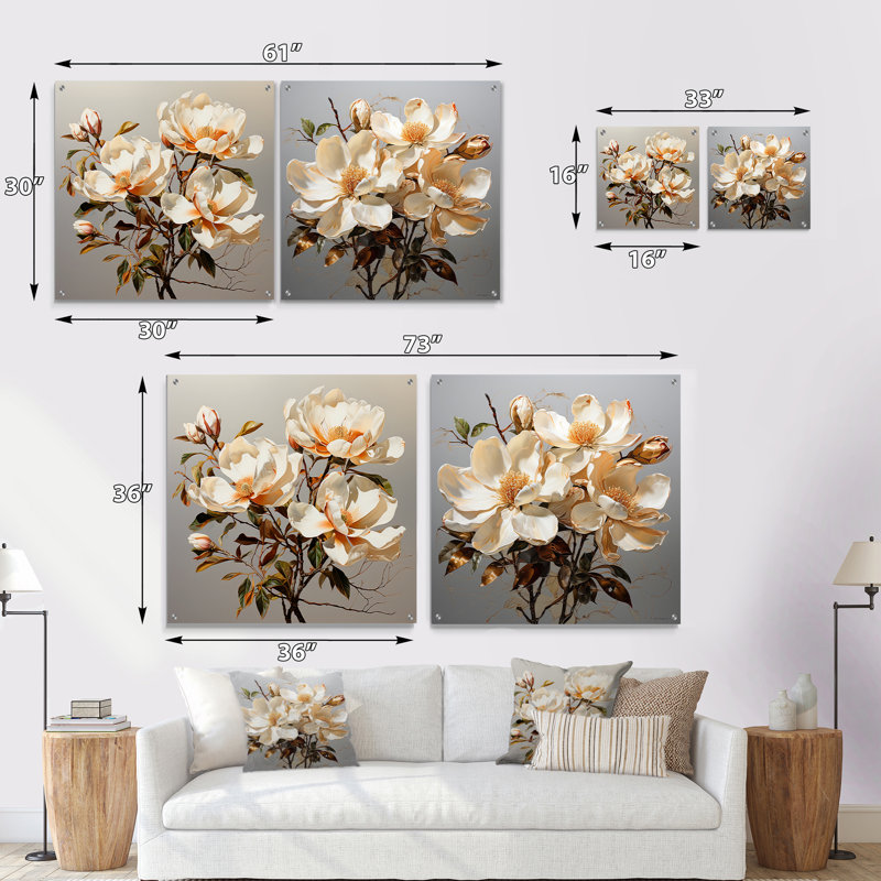 Magnolia beige et vert Blooms - Magnolias acrylique ensemble d'art mural en verre de 2, H 36 po x l 73 po