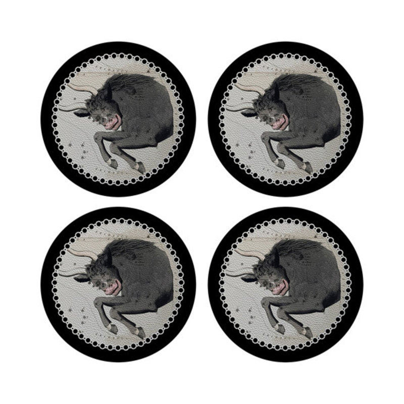 Zodiac Taurus Black Vegan Leather Round Coasters, Black