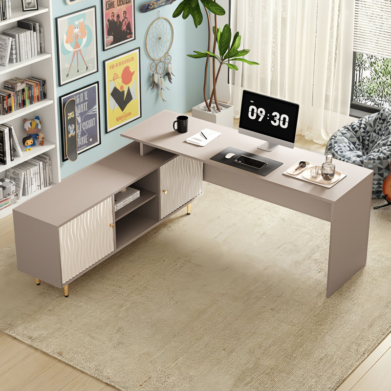 Table de coiffeuse extensible avec armoire de rangement, extensible jusqu'à 103 pouces, bureau de meuble-lavabo en forme de L