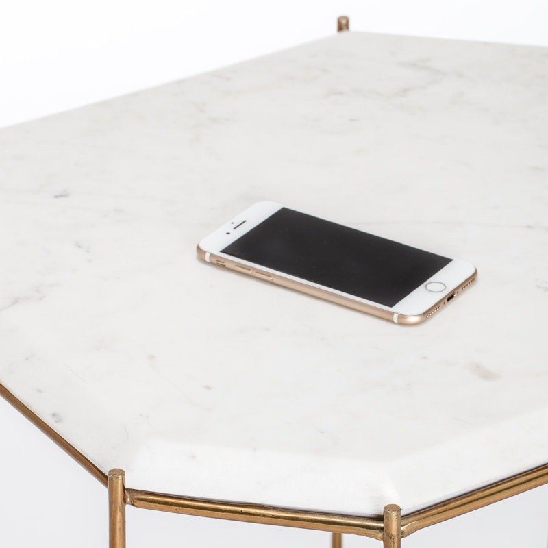 White Marble Top Accent Table with Gold Metal Base, 26"
