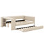 Lit plateforme double tapissier pleine grandeur avec tablettes de rangement, bureau, station de charge et lit gigogne-1291572535