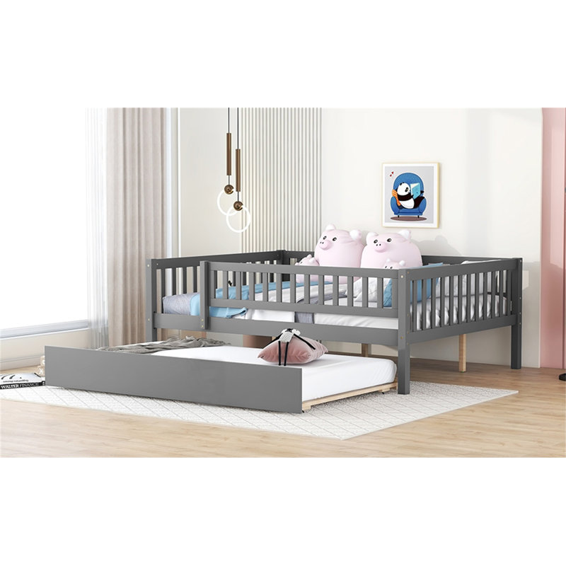 Wood Daybed with Trundle and Fence Guardrails, Gray, Full