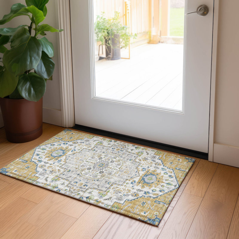 Machine Washable Indoor/Outdoor Chayden ACN985 Gold Rug, Rectangle 1'8" x 2'6"