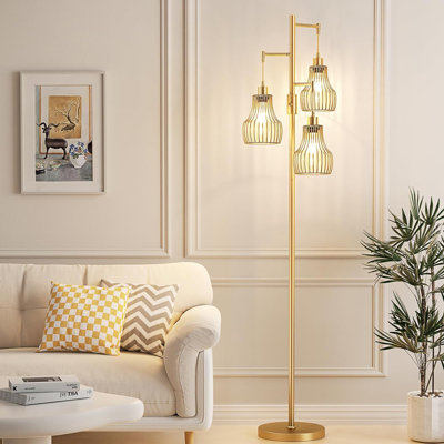 Dimmable Floor Lamps, Industrial Tree Standing Tall Lamps With 3 Elegant Cage Shade & 800 Lumens Led Bulbs