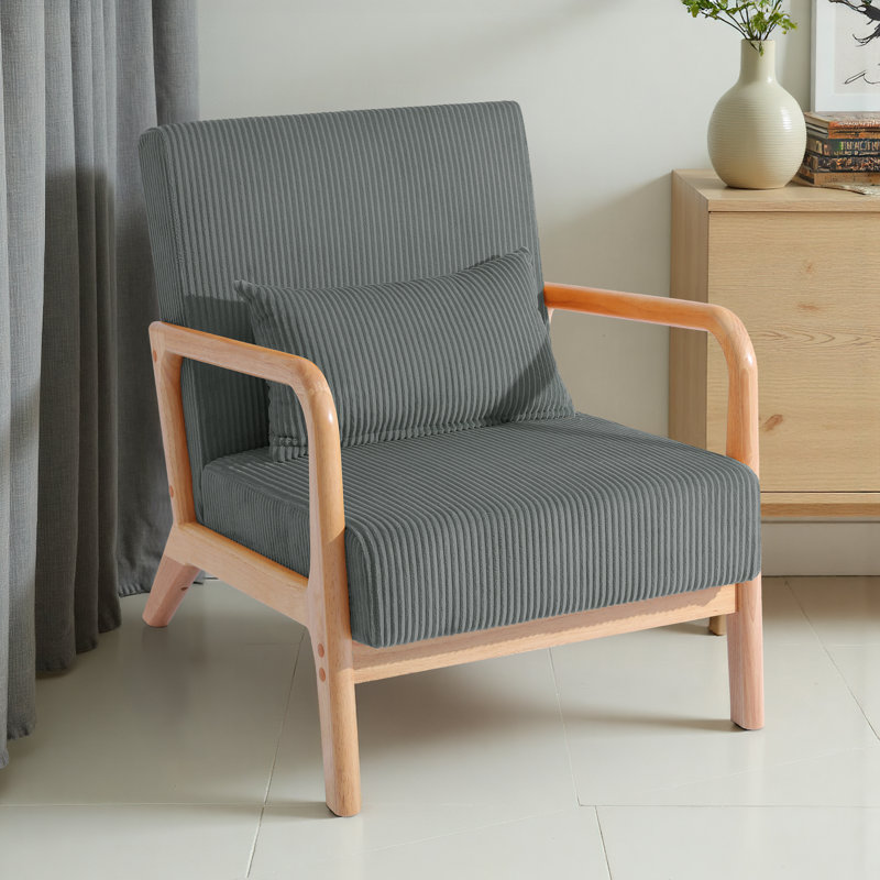 Fauteuil d'appoint Jyrin Mid Century, Velours côtelé gris, Bois naturel