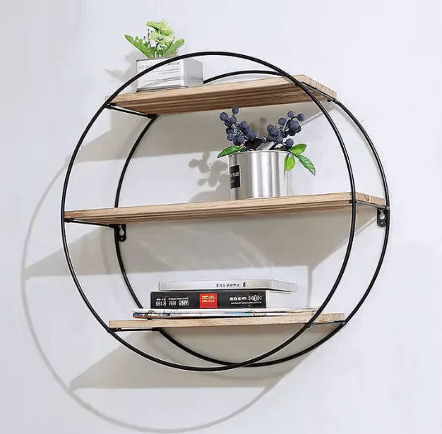 Round 3-tier Wall-mounted Shelf With Iron Frame And Wood Panels – Industrial Rustic Display Rack For Living Room, Bathroom, Bedroom, Or Office