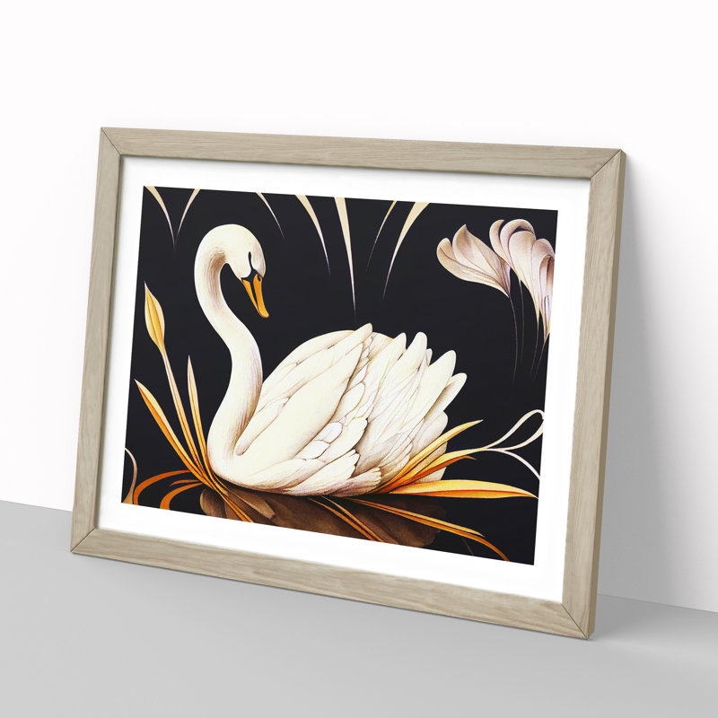 Swan Art Nouveau - Single Picture Frame Print, 46cm H x 64cm W x 2cm D, Oak Framed