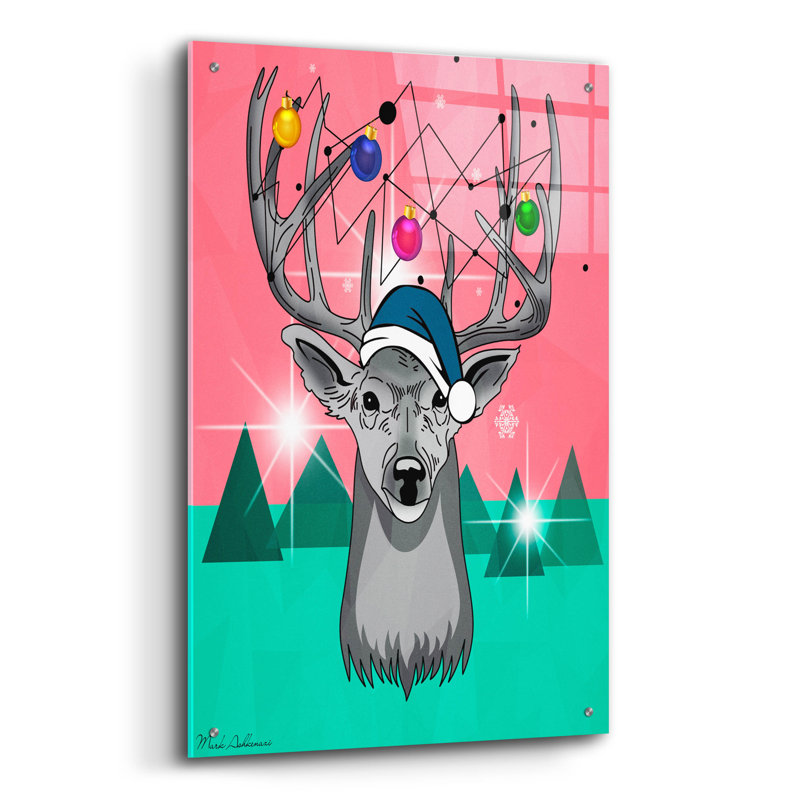 Art mural en verre épique «Christmas Deer 3» par Mark Ashkenazi, H 36 po x l 24 po x P 0,2 po