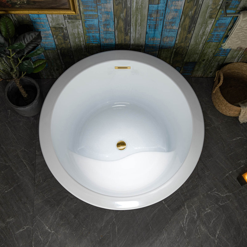 41'' x 41'' Freestanding Acrylic Round White Bathtub with Integrated Seat, Non-Slip Design, Brushed Gold