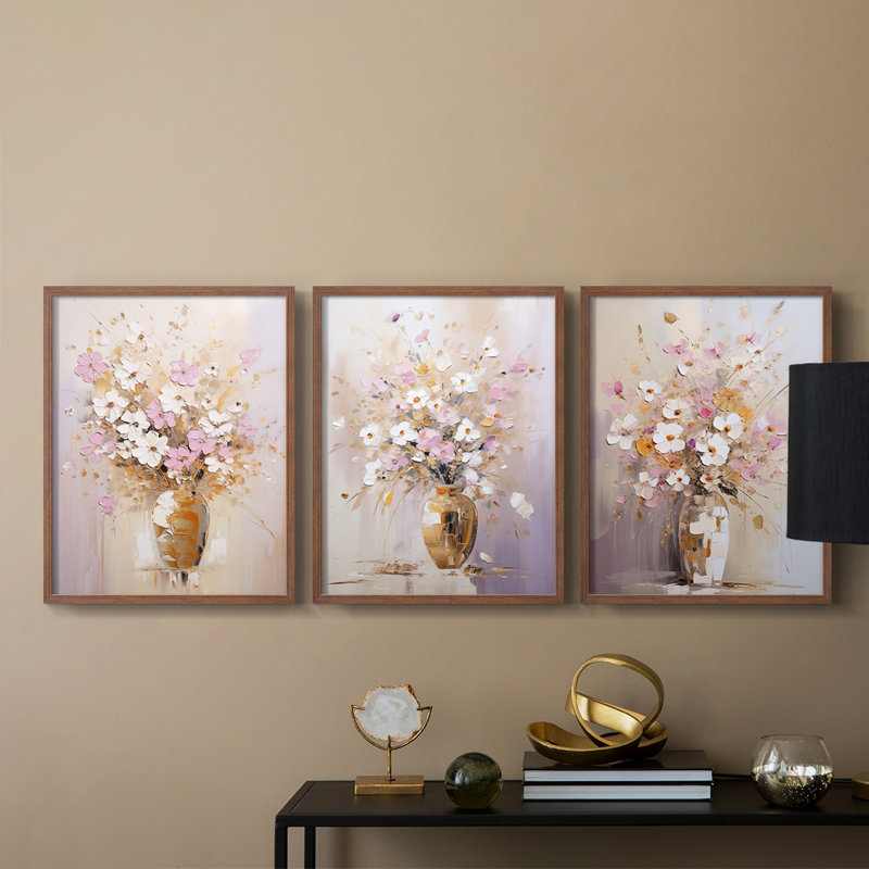 Étude florale Cxxiv - ensemble de 3 estampes giclées encadrées - prêt à, Cadre noyer, H 28 po x l 22 po