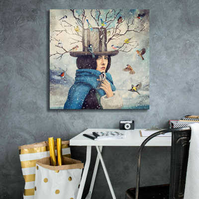 «La Dame avec le chapeau mangeoire d'oiseaux» par Paula Belle Flores, estampe numérique sur toile