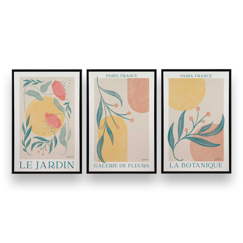 Sunlit Gardens, ensemble de 3, reproduction sur toile, H 18,75 po x l 12,75 po x P 1,75 po, Cadre flottant noir satiné