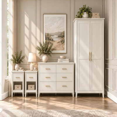 4 Piece Bedroom Furniture Set with 2 Door Wardrobe, 6 Drawer Chest of Drawers & 2 Bedside Tables, Bedroom Storage Set with Gold Handles