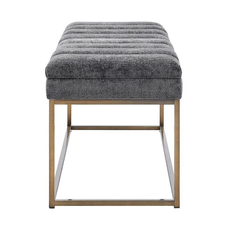 Gray Upholstered Bench with Brushed Gold Steel Base