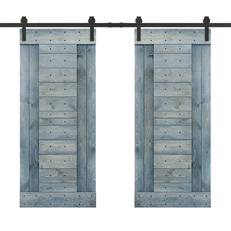 Porte de grange à panneaux et en bois avec quincaillerie d'installation, 48 po x 84 po, Bleu denim