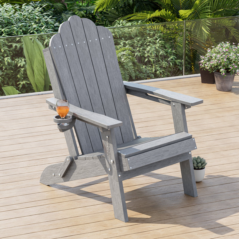 Classic Folding Adirondack Chair, HDPE Adirondack Chair with Ergonomic Design & Cup Holder for Patio and Fire Pit, Light Gray