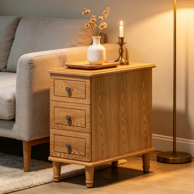 Fully Assembled End Table with 3 Drawers, Narrow Bedside Table for Small Spaces, Solid Wood Nightstand with Vintage Design, Compact Side Table for Liv