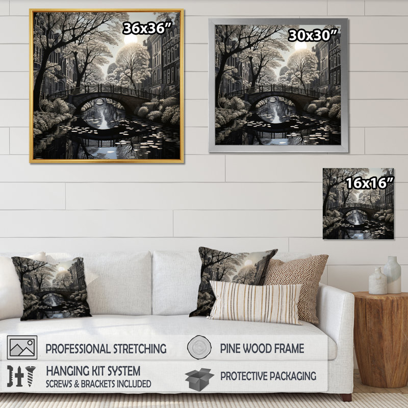 " Grey Canal Dramatic Canals High ", 16" H x 16" W x 1" D, Gold Single Picture Framed
