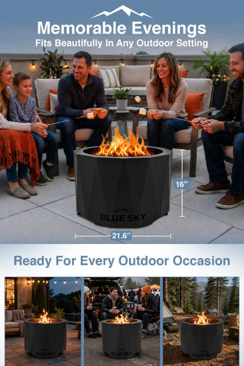 Memorable Evenings: Fits Beautifully In Any Outdoor Setting. The Blue Sky fire pit measures 21.6 inches in diameter and 16 inches high, shown with families roasting marshmallows, plus Ready For Every Outdoor Occasion with lifestyle examples in patio, camping, and wilderness settings.