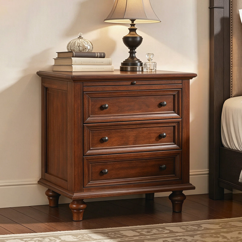 Albers Traditional 3-Drawer Nightstand with Pull-out Shelf and Solid Wood Legs, Brown, Individual
