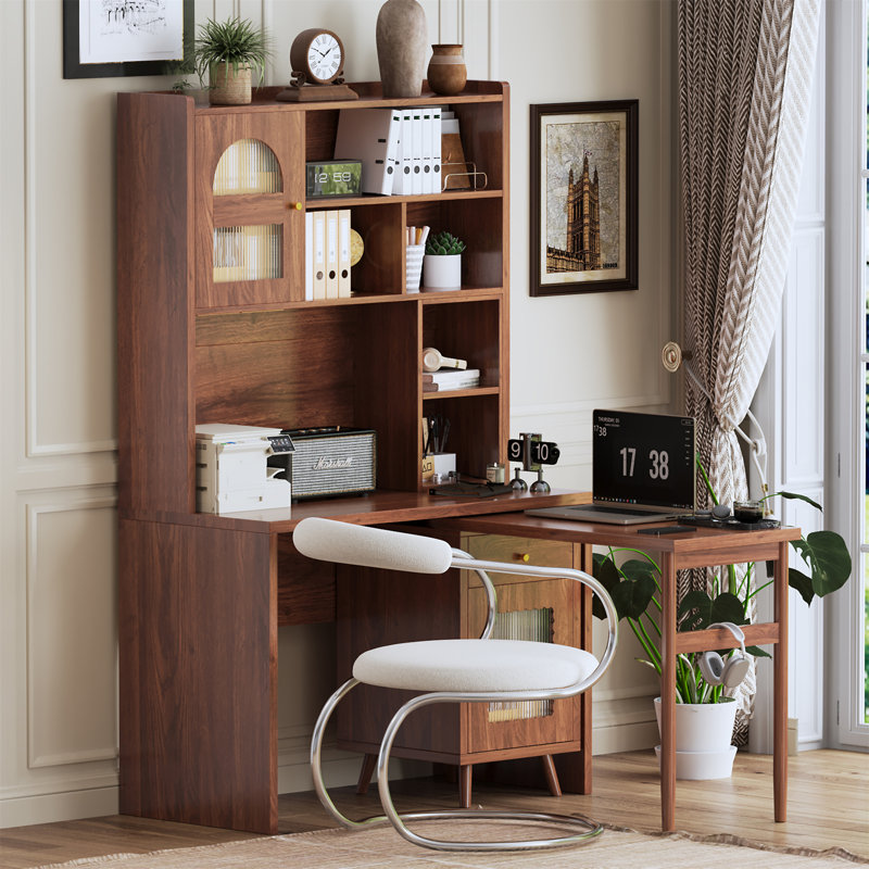 Bureau d'ordinateur avec bureau rotatif à 90 degrés (tabourets non inclus), Noyer
