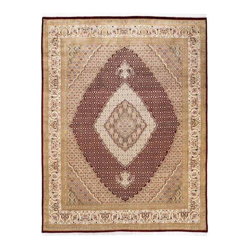 Tapis rouge / beige noué à la main de conception unique 8 pi 1 po x 10 pi 5 po Hayner