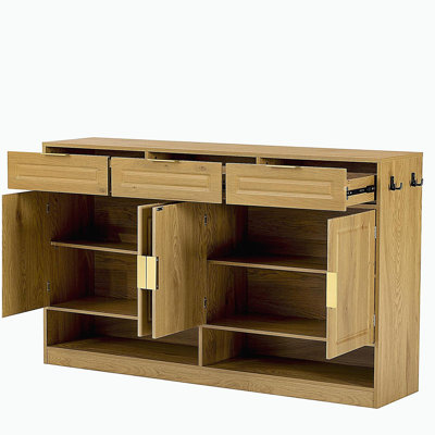Buffet Farmhouse avec 3 tiroirs et 4 portes, buffet de rangement multifonctionnel avec tablette réglable et compartiments de rangement ouverts