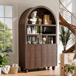 Armoire de rangement arquée avec portes coulissantes cachées, armoire d'appoint moderne avec panneau surélevé