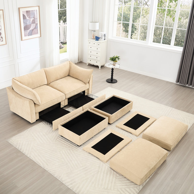 Wheat Tone 2 With Storage , Chenille Upholstery, Crescent-Shaped Cushions, Piped Armrest Edges, Fits Home Settings Coloured 2 Hidden Spaces In Seats And Soft Wrapped-Around , Ideal For Different Decor