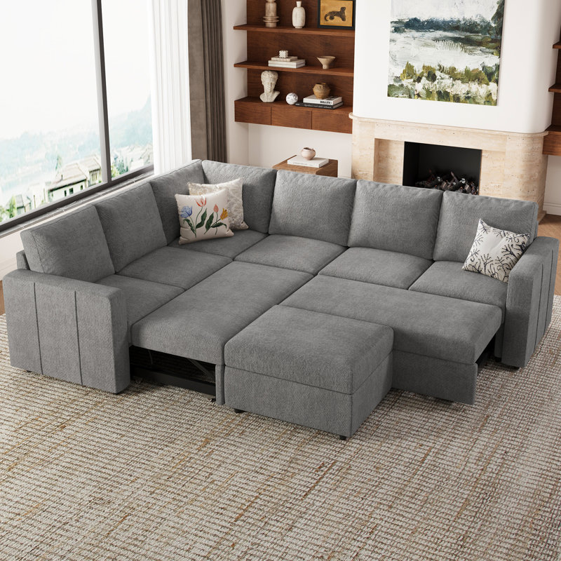 Seybert U Shaped Sofa Set Large Pullout Sofa Bed Modular Sectional Couch With Storage Ottoman, Light Gray Chenille