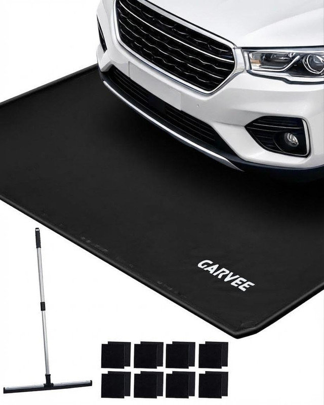 Tapis de garage antidérapant 8 pi 6 po x 22 pi - Tapis de confinement robuste en PVC avec bords surélevés et raclette, Black