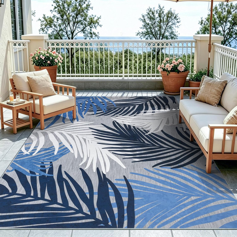 Tapis intérieur/extérieur bohème antidérapant 180 x 270 cm, Bleu/Gris, Rectangle 6' x 9'