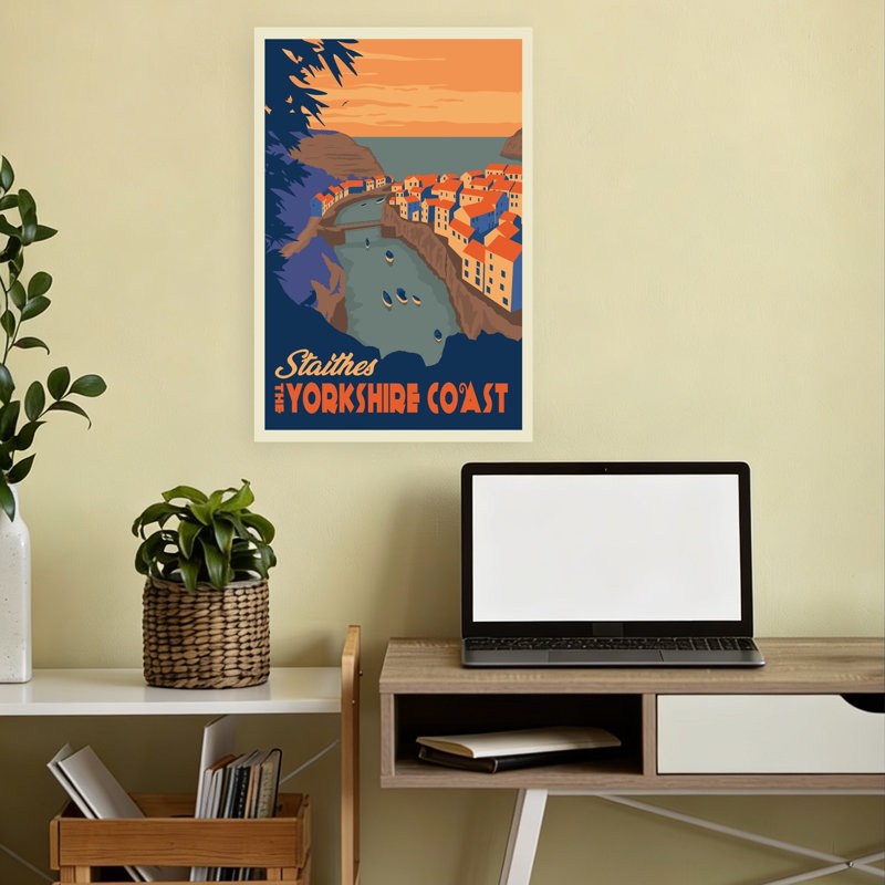 " Staithes Yorkshire Coastal View Retro Vintage Abstract Coastal Landscape Wall Art Print " Print, H 18 po x l 12 po