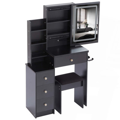 29.2" Small Size Left Bedside Cabinet Vanity Table   Cushioned Stool, 2 AC 2 USB Power Station, Hair Dryer Bracket, Extra Large Touch Control Sliding LED Mirror, Tri-Color Switching, Brightness Adjust