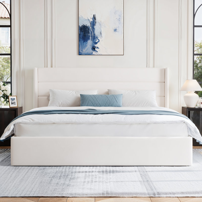 Structure de lit plateforme tapissier avec rangement relevable, Blanc, Très grand