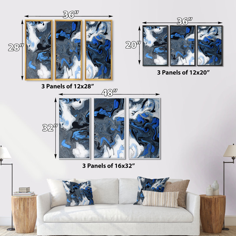 «Blue Liquide Art Waves On» blanc et noir - impression sur toile flottante 3 pièces, H 20 po x l 36 po x P 1 po, Cadre noir