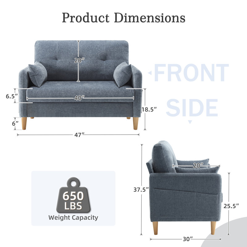 George 47’’ Chenille Tufted Loveseat Sofa With 2 Pillows And Storage Pockets Couches, Blue