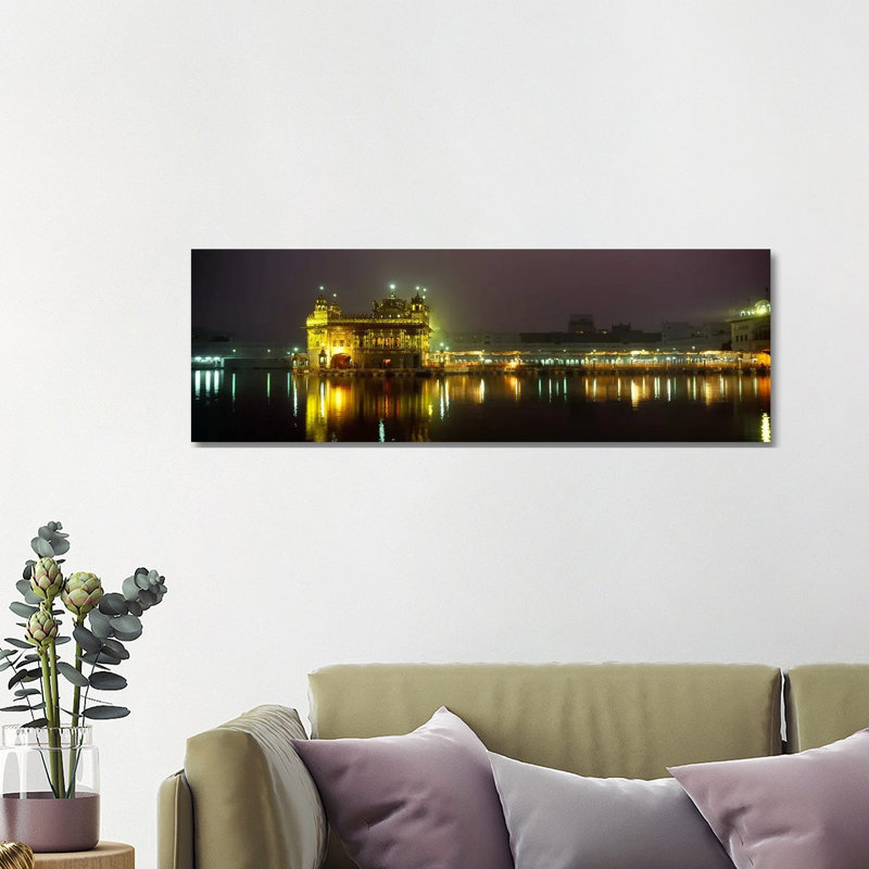 Temple Lit Up At Night, Golden Temple, Amritsar, Punjab, India - Wrapped Canvas Panoramic Print