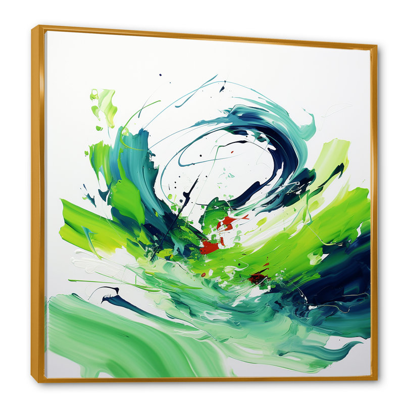 «Green Abstract Ink Expression II», art mural abstrait, Cadre flottant doré, H 36 po x l 36 po x P 1,5 po