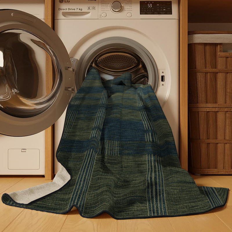 Tapis gris à carreaux lavable à la machine, Rond 7 pi