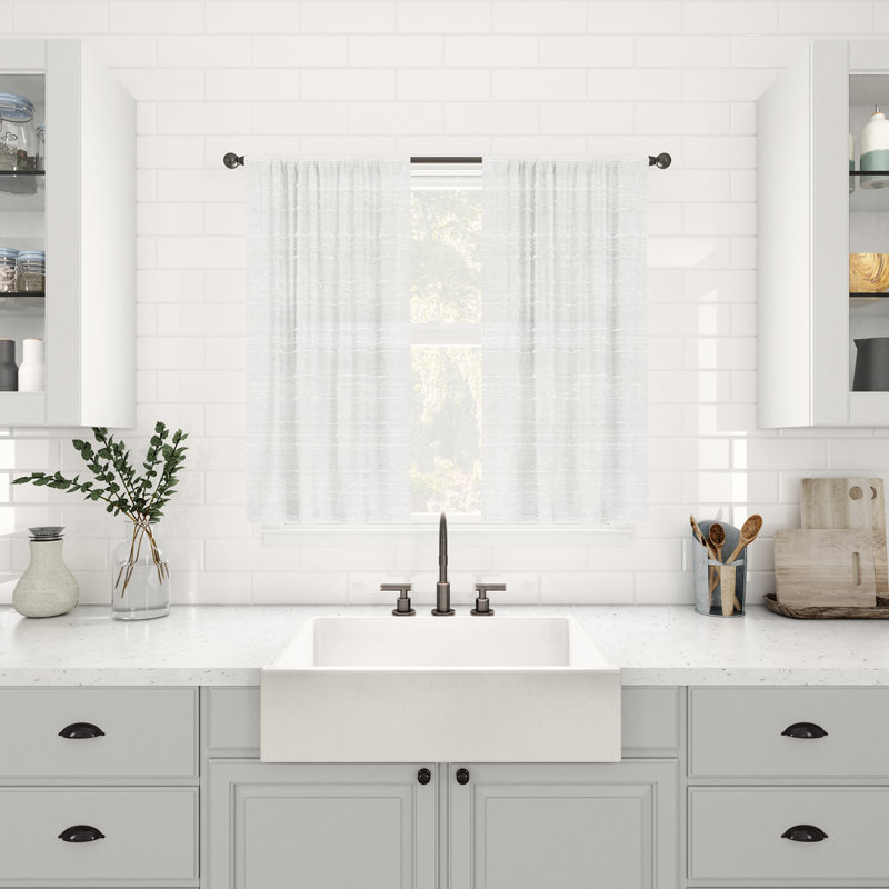 White Sheer Linen Blend Rod Pocket Kitchen Curtain Tiers